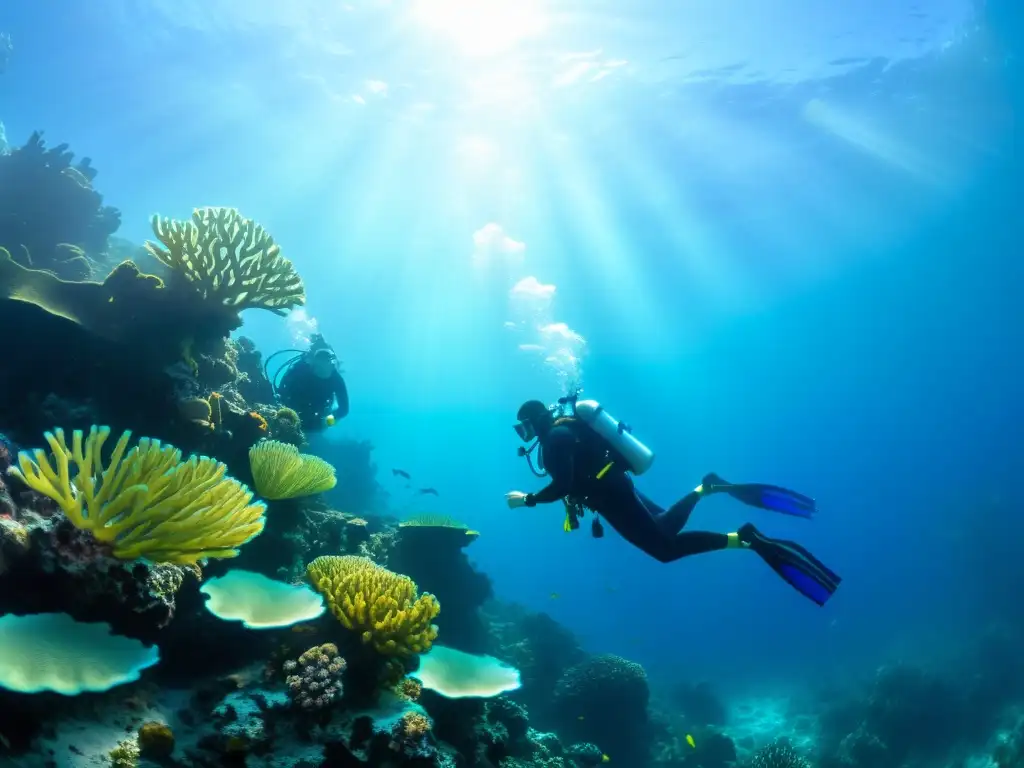 Un grupo de buceadores navega con gracia entre un vibrante arrecife de coral