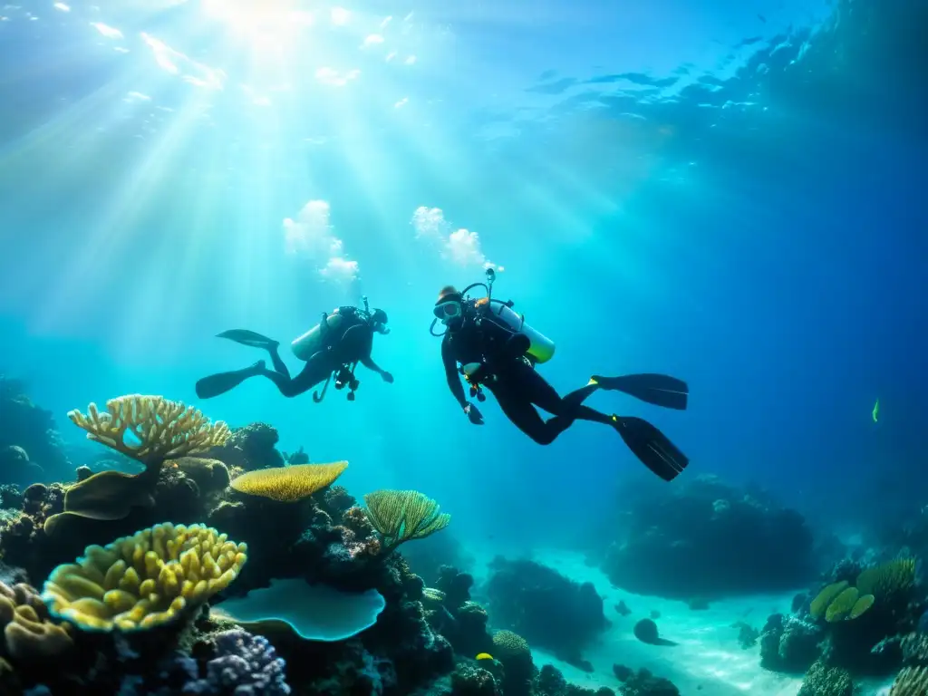 Grupo de buceadores con diferentes habilidades explorando un arrecife de coral vibrante