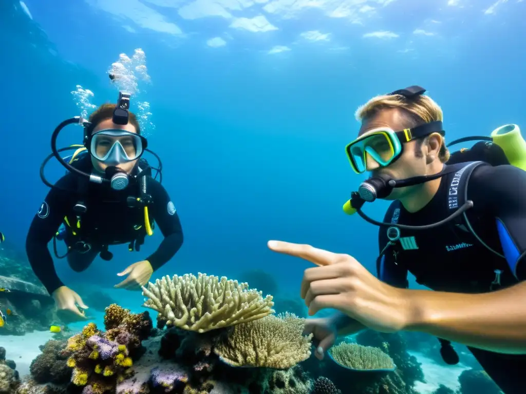 Un grupo de buceadores utiliza intercomunicadores de buceo avanzados para comunicarse bajo el agua, rodeados de un hermoso paisaje marino