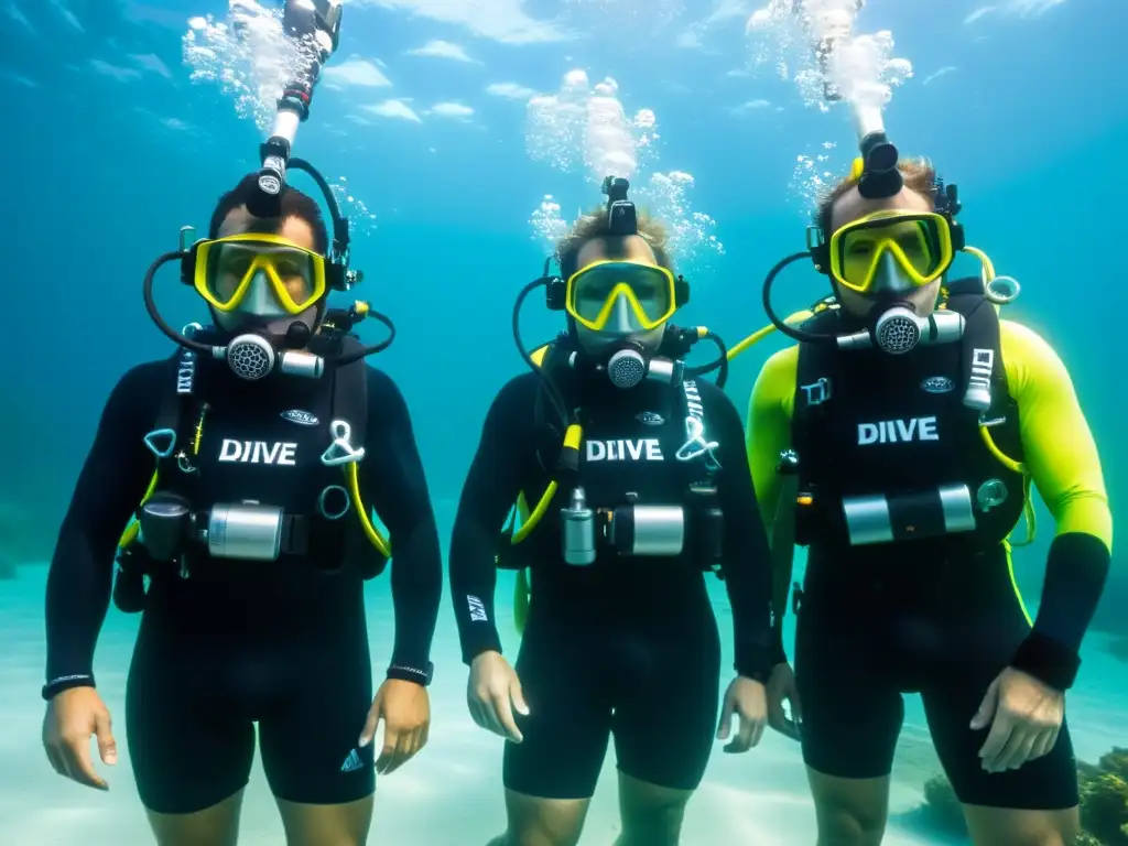 Un grupo de buceadores utiliza intercomunicadores de buceo avanzados para comunicarse bajo el agua, destacando su funcionalidad y diseño