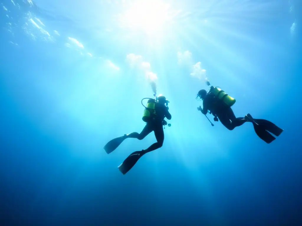 Un grupo de buceadores desciende en el mar azul profundo, rodeados de vida marina