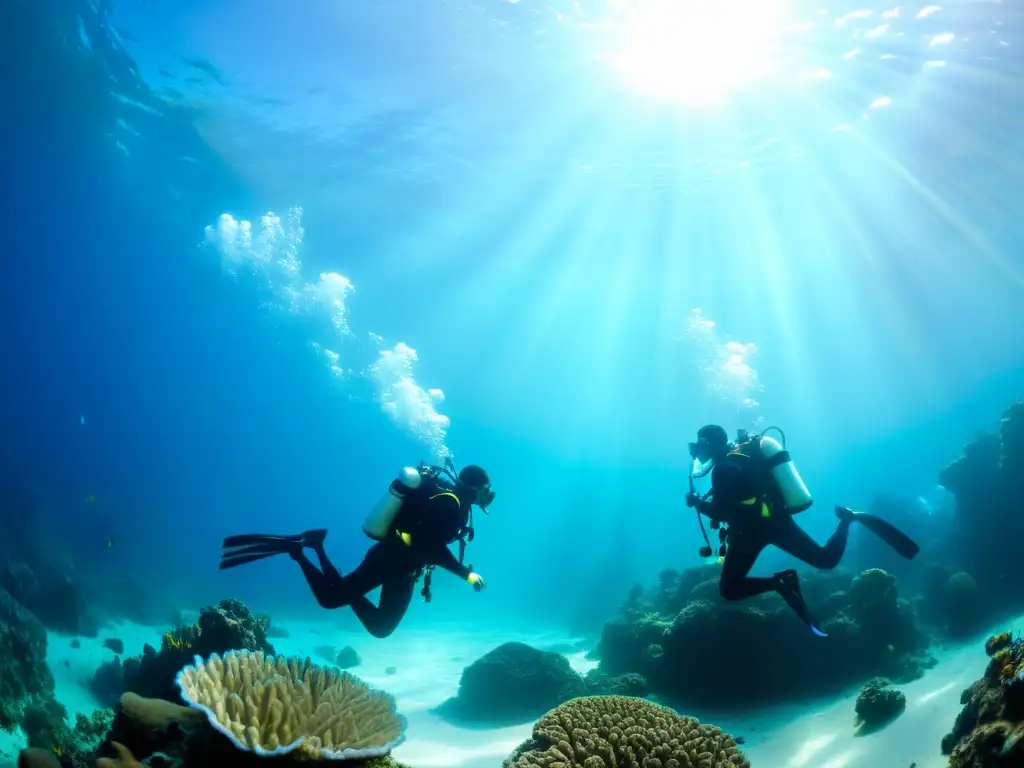 Grupo de buceadores en meditación bajo el mar, rodeados de vida marina