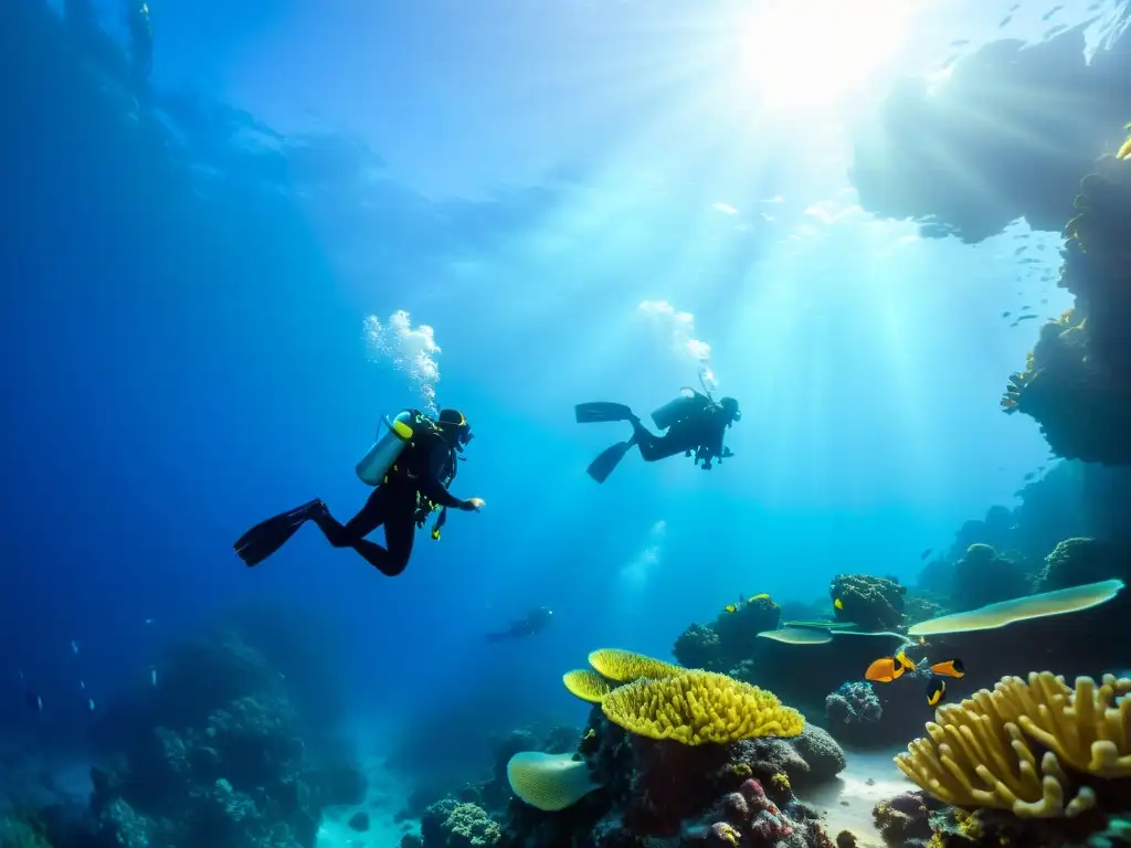 Grupo de buceadores explorando el misterioso mundo submarino rodeado de vida marina colorida y corales vibrantes