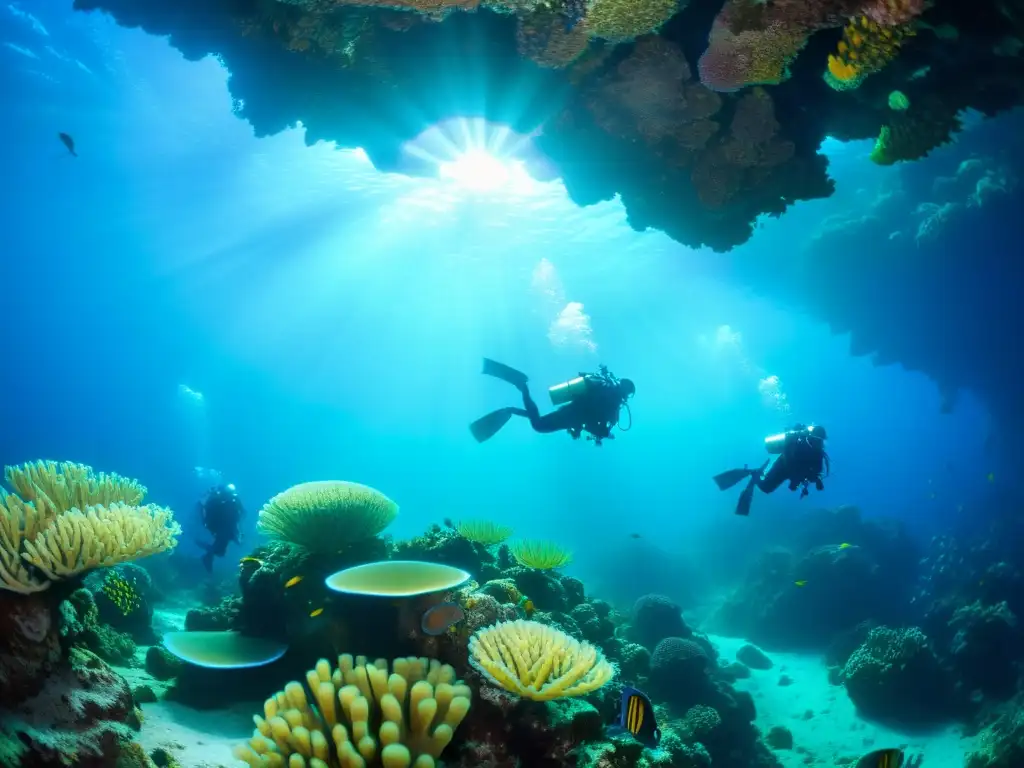 Grupo de buceadores explorando un mundo submarino lleno de vida marina y coloridos arrecifes de coral