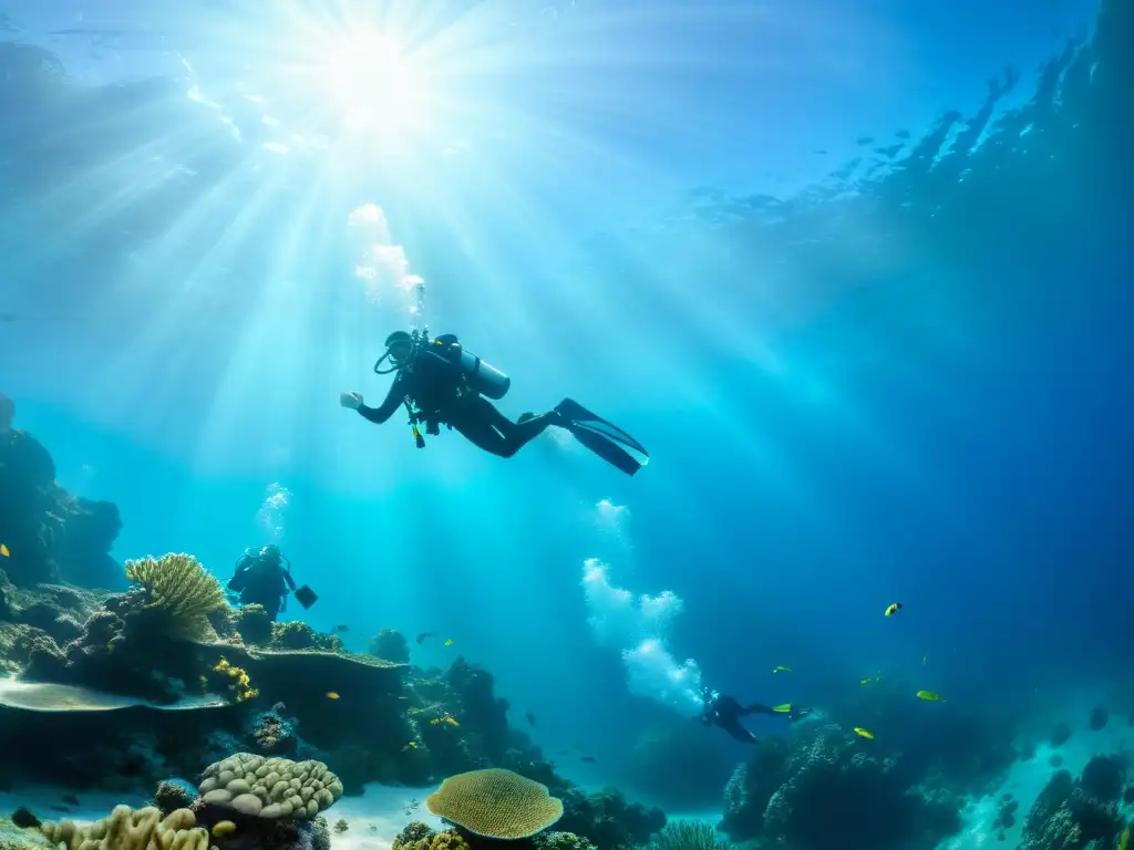 Grupo de buceadores explorando un mundo submarino vibrante y tranquilo