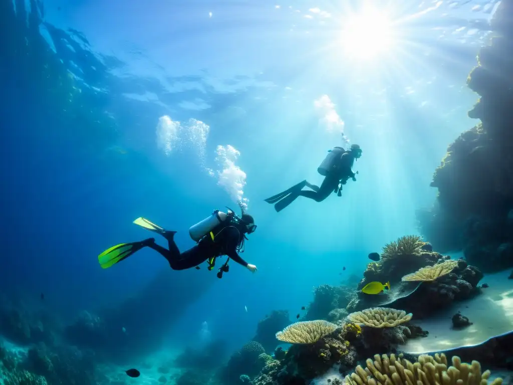 Un grupo de buceadores de diferentes niveles de habilidad se sumerge en aguas cristalinas rodeados de arrecifes de coral y vida marina vibrante