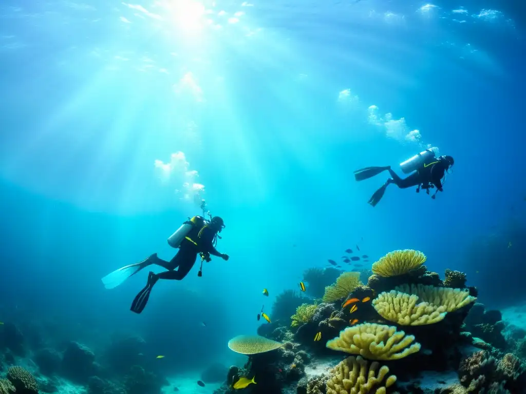 Un grupo de buceadores desciende graciosamente en el océano, revelando arrecifes de coral y vida marina