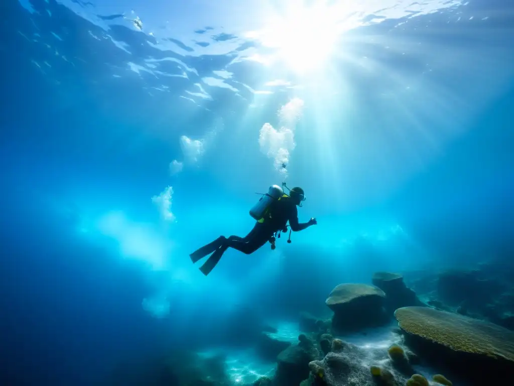 Grupo de buceadores explorando paisaje submarino en curso buceo hielo extremo, luz solar filtrada en agua helada crea atmósfera mágica