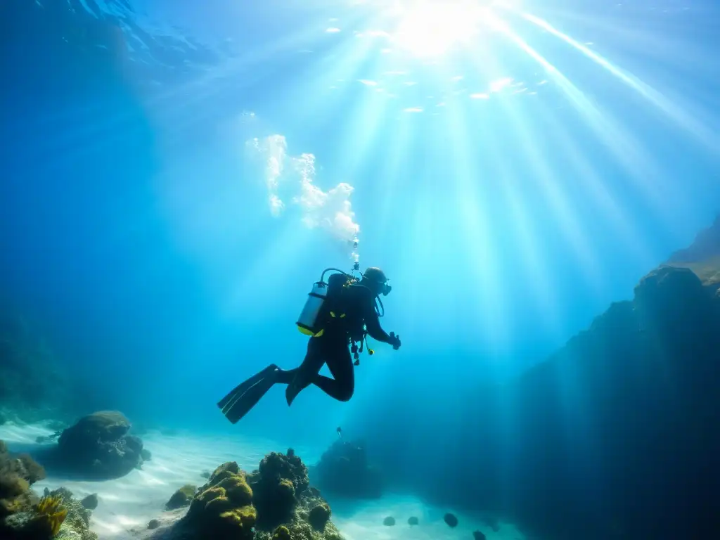 Grupo de buceadores con preparación para buceo en altitud, descendiendo en lago de montaña, enfrentando cambios de presión