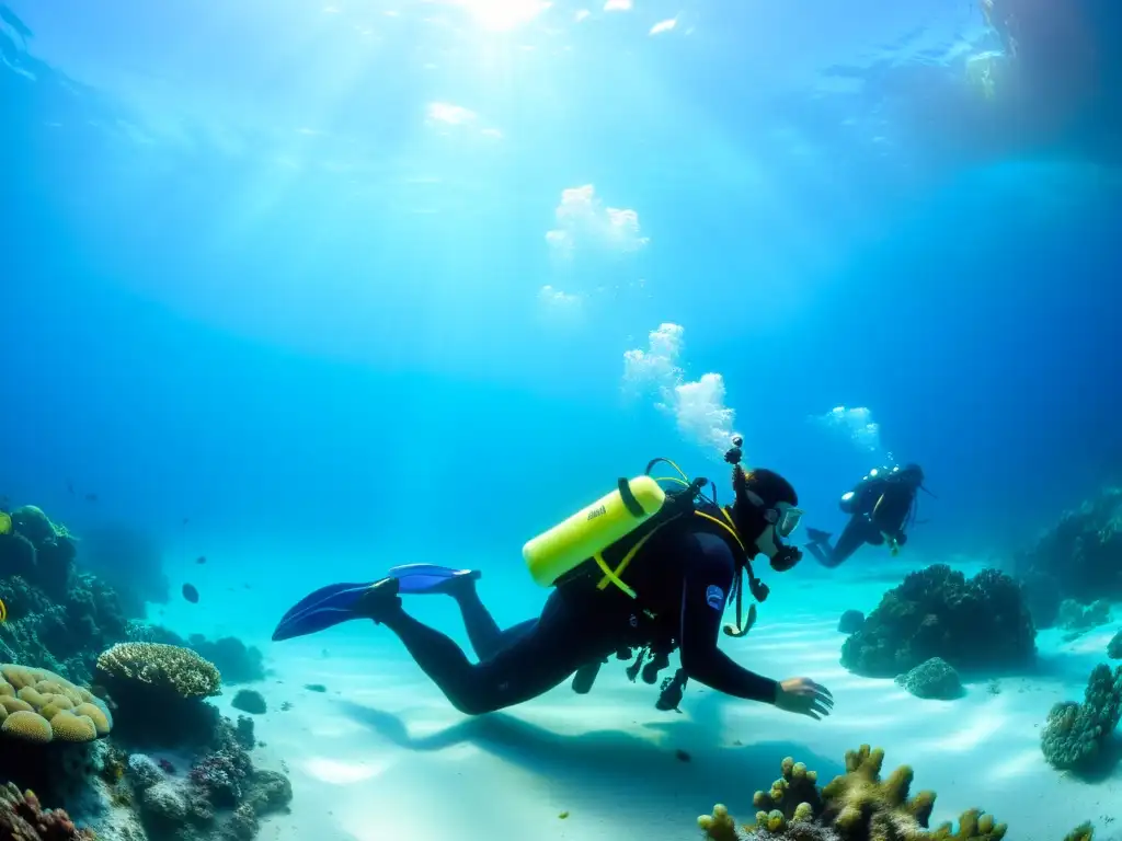 Grupo de buceadores practicando primeros auxilios en un entorno marino vibrante