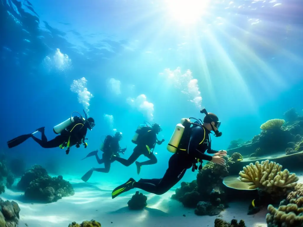 Un grupo de buceadores practica primeros auxilios en el fondo marino, rodeados de vida marina