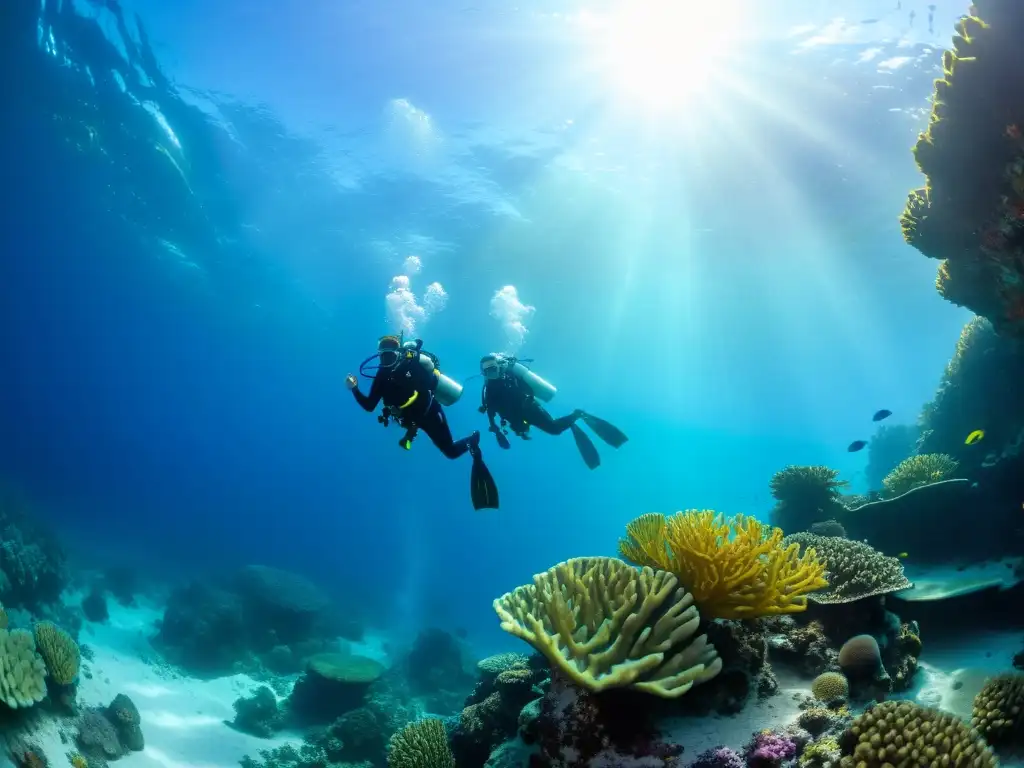 Grupo de buceadores profesionales realizando entrenamiento de intervalos para oxígeno marino entre arrecifes de coral vibrantes, bajo la luz del sol que filtra a través del agua cristalina, creando un espectáculo de colores en el fondo del mar