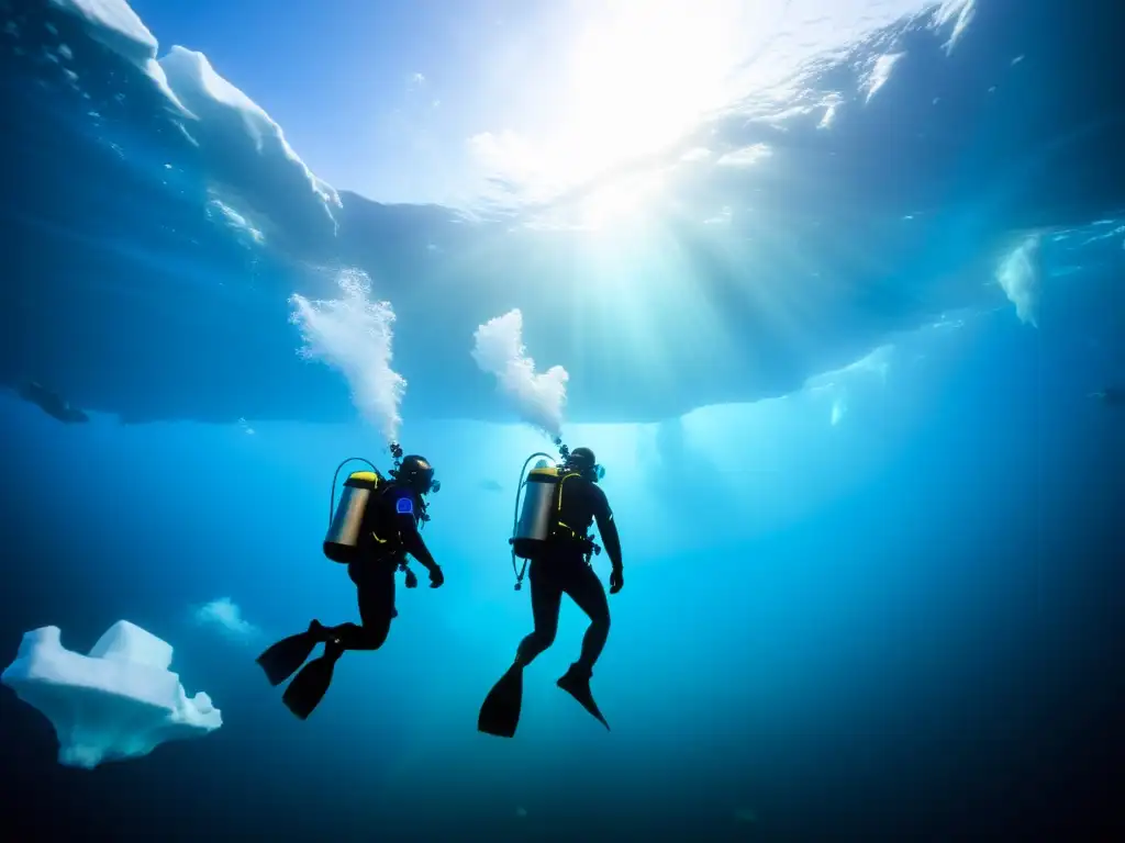 Un grupo de buceadores profesionales equipados para filmar en aguas frías, explorando el paisaje submarino polar rodeado de formaciones de hielo y vida silvestre, iluminado por un resplandor azul etéreo