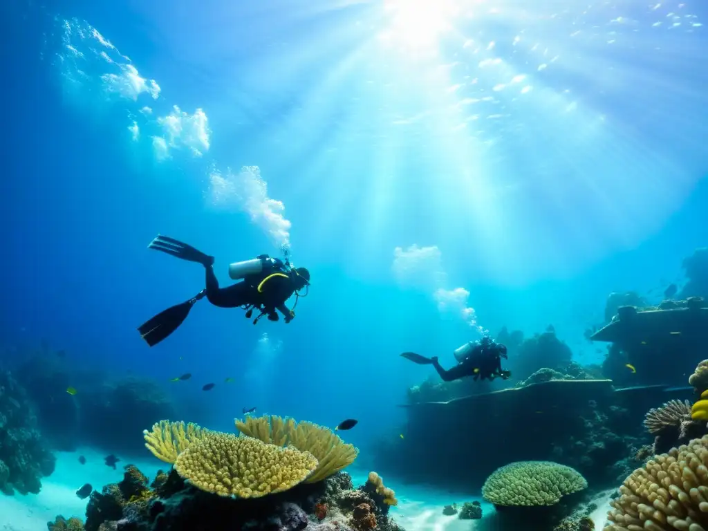 Exploración submarina: Buceadores expertos en arrecifes de coral Un grupo de buceadores profesionales desciende con seguridad en aguas cristalinas, rodeados de vida marina
