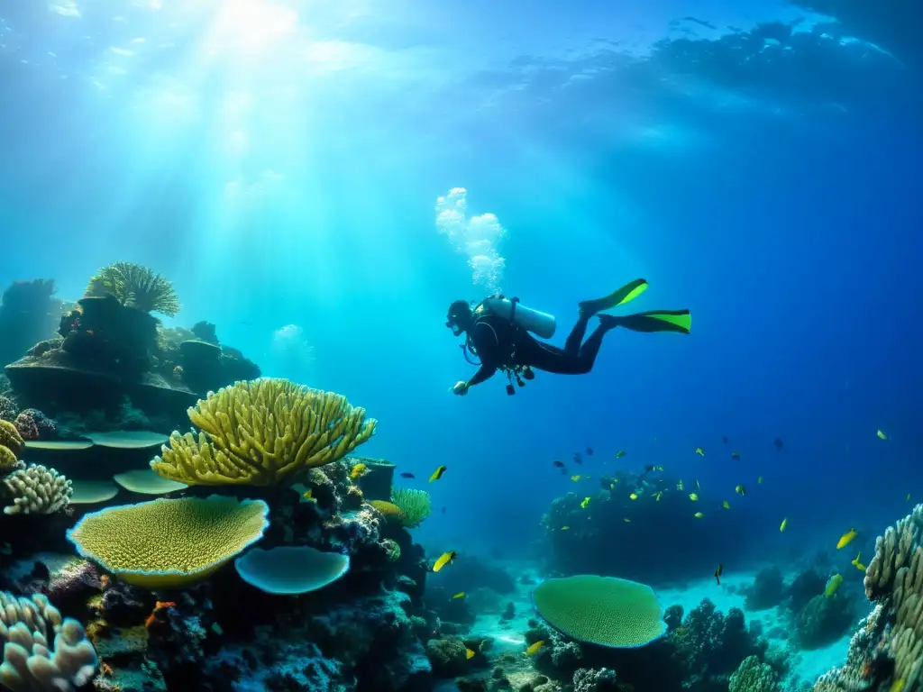 Un grupo de buceadores profesionales explorando un vibrante arrecife de coral, destacando la importancia del manejo del estrés oxidativo en buceadores