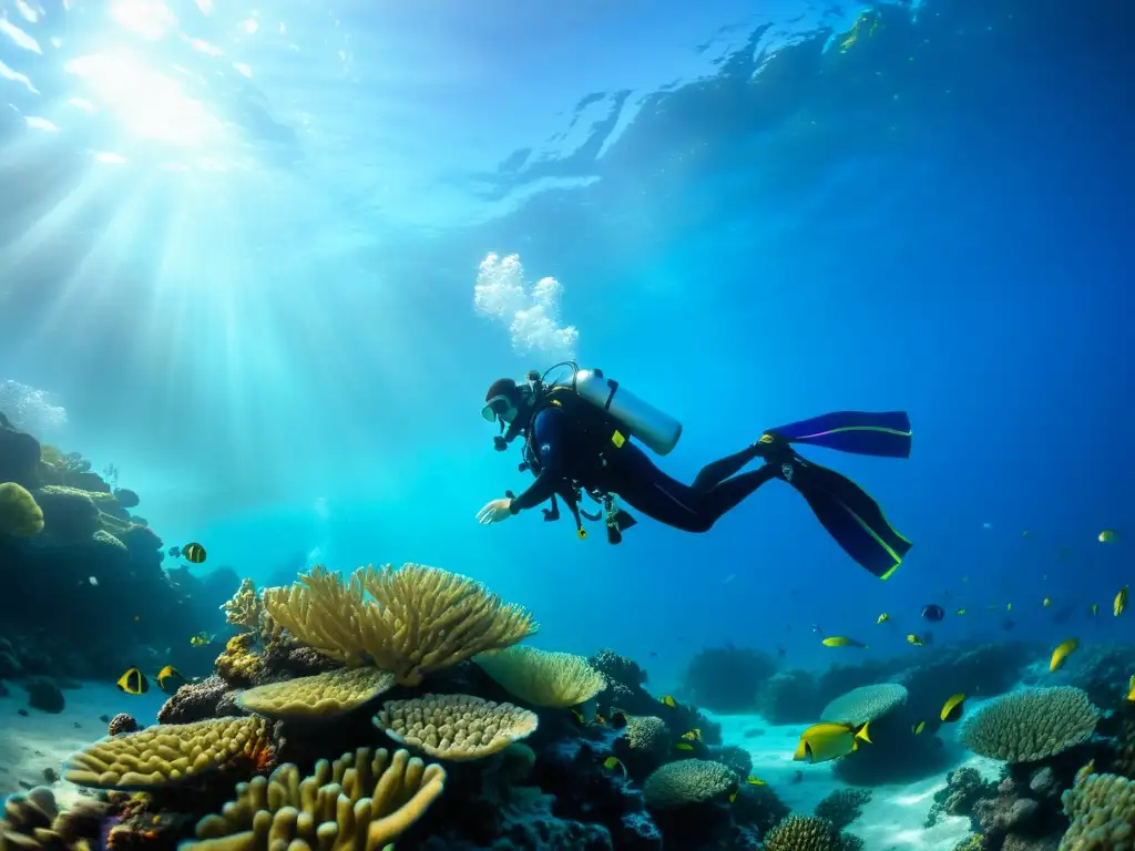 Grupo de buceadores rodeados de arrecifes de coral y peces coloridos, explorando el océano