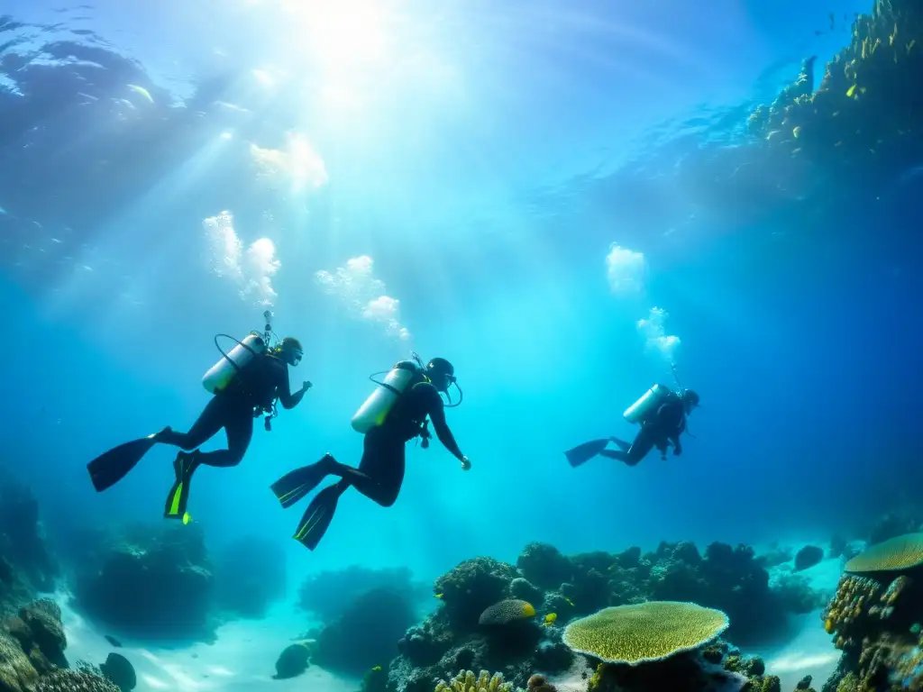 Un grupo de buceadores realiza una rutina de calentamiento en el fondo marino, rodeados de vida marina y corales vibrantes