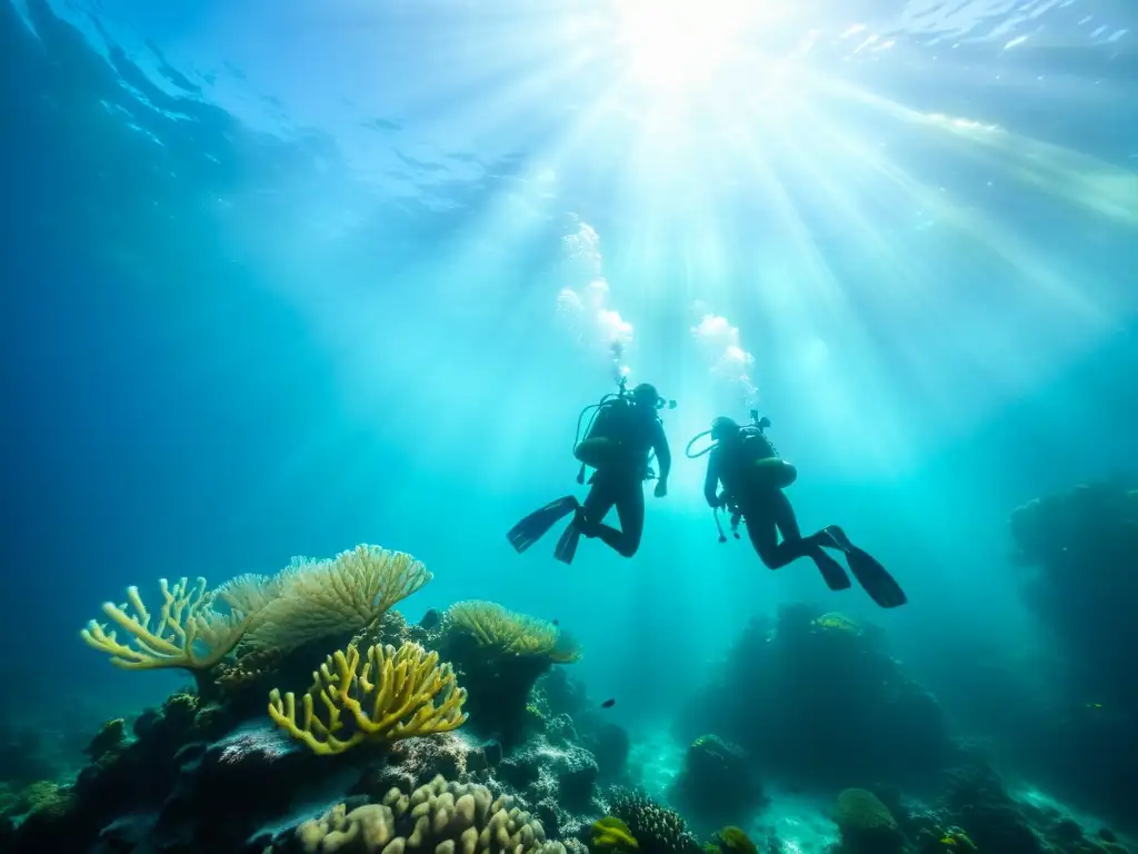 Un grupo de buceadores asciende hacia la superficie en un paisaje submarino de ensueño, rodeado de vida marina