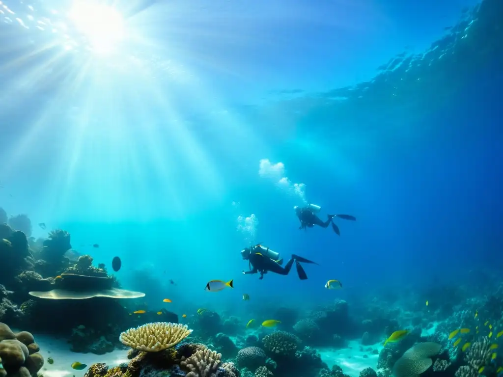 Armonía submarina: Yoga entre peces en arrecife de coral Un grupo de buceadores practica técnicas de yoga en un arrecife de coral, fundiendo la serenidad humana con la energía submarina