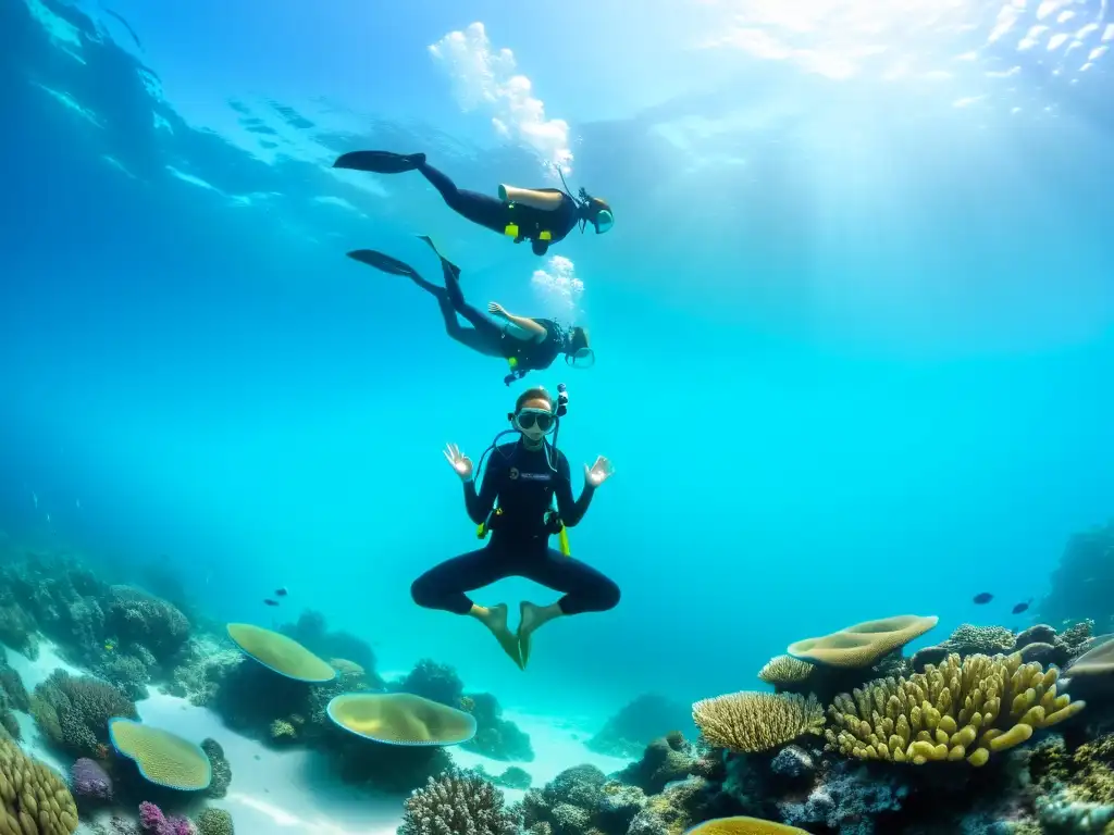 Yoga submarino: armonía entre cuerpo y mar Un grupo de buceadores practica técnicas de yoga en el fondo marino, rodeados de coral y vida marina, transmitiendo armonía y equilibrio