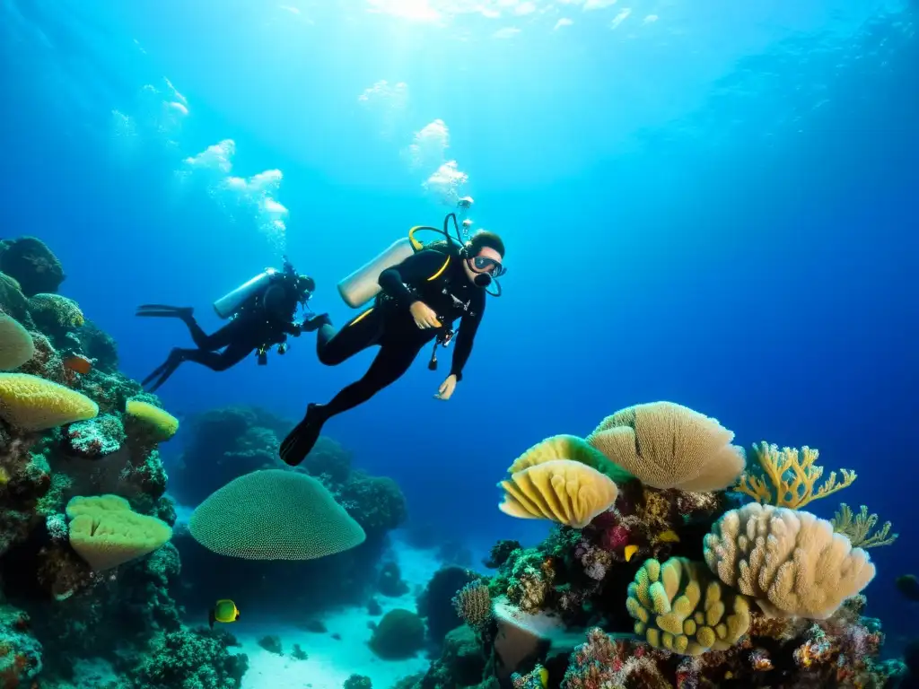 Un grupo de buceadores técnicos desciende hacia el abismo marino, rodeados de vida marina y coral vibrante