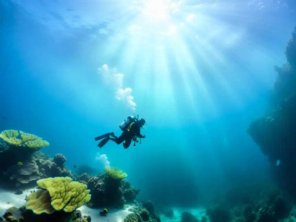 Grupo de buceadores técnicos descienden en un mar cristalino, rodeados de vida marina, mostrando el entrenamiento buceo técnico profundo