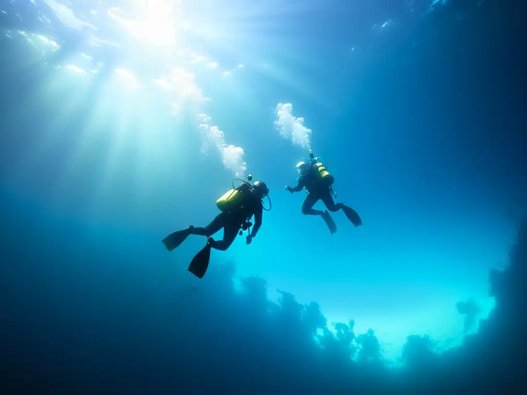 Un grupo de buceadores técnicos desciende en la oscuridad del océano, mostrando la preparación mental y física del entrenamiento buceo técnico profundo