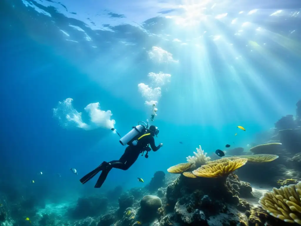 Un grupo de buceadores utiliza tecnología innovadora para limpiar residuos plásticos del fondo marino, rodeados de vida marina colorida