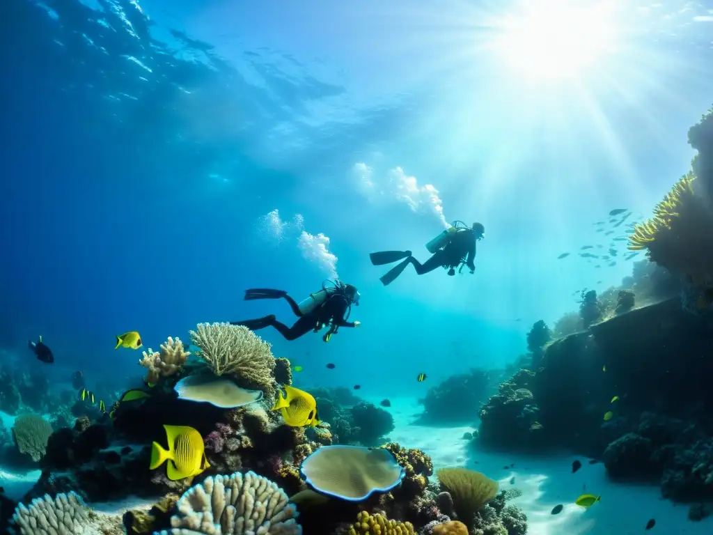 Un grupo de buceadores nada graciosamente entre un vibrante arrecife de coral, con la luz del sol filtrándose a través del agua