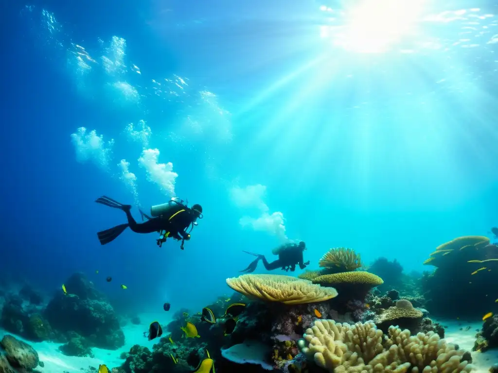 Un grupo de buceadores explora un vibrante arrecife de coral bajo el agua, transmitiendo la belleza y tranquilidad del plan de buceo seguro