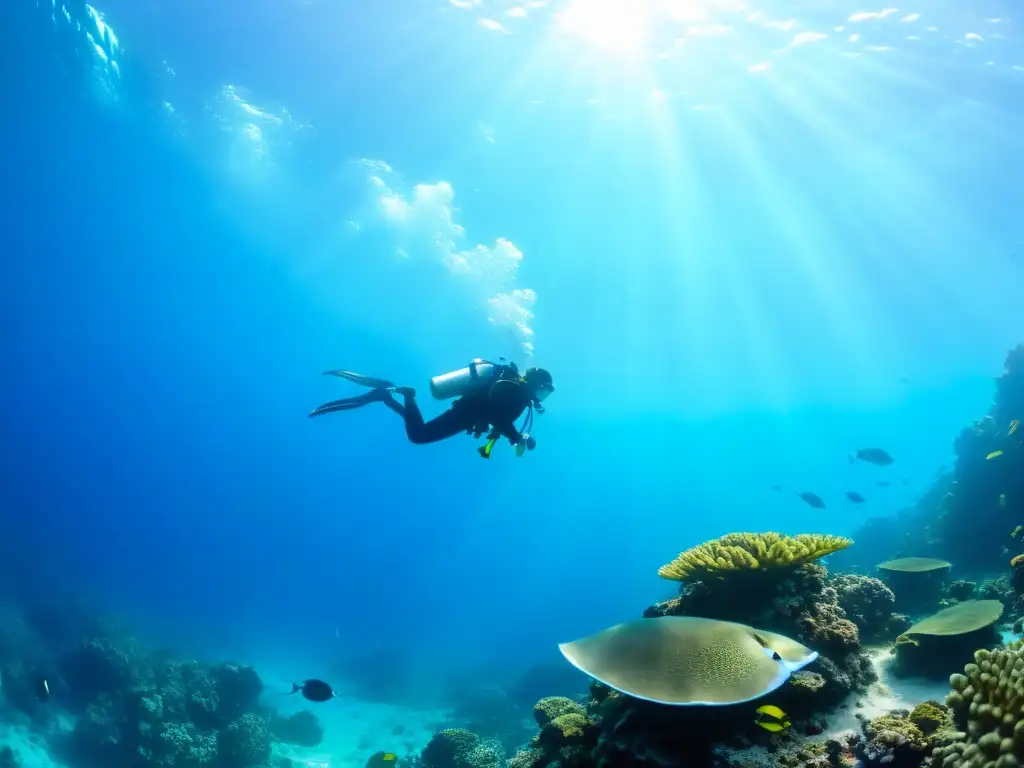 Grupo de buceadores explorando un vibrante arrecife de coral, rodeados de vida marina colorida en aguas cristalinas