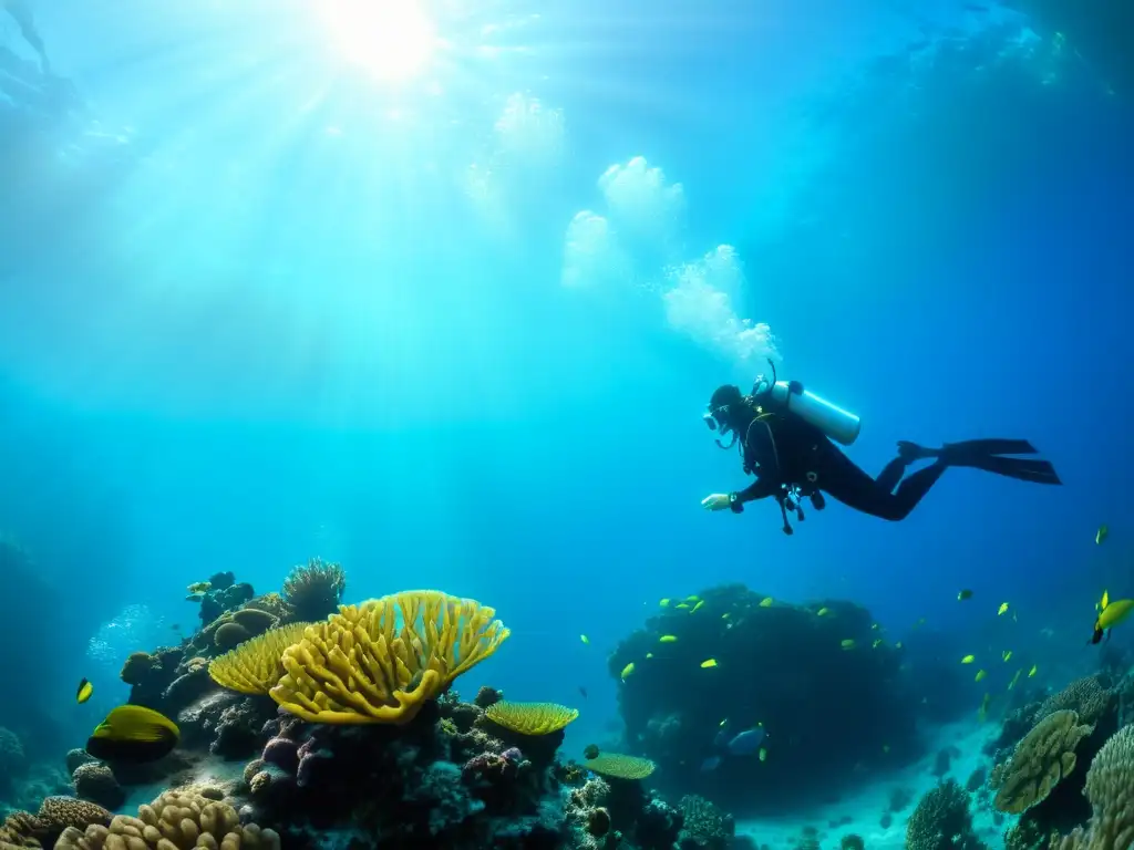 Grupo de buceadores explorando un vibrante arrecife de coral bajo el agua