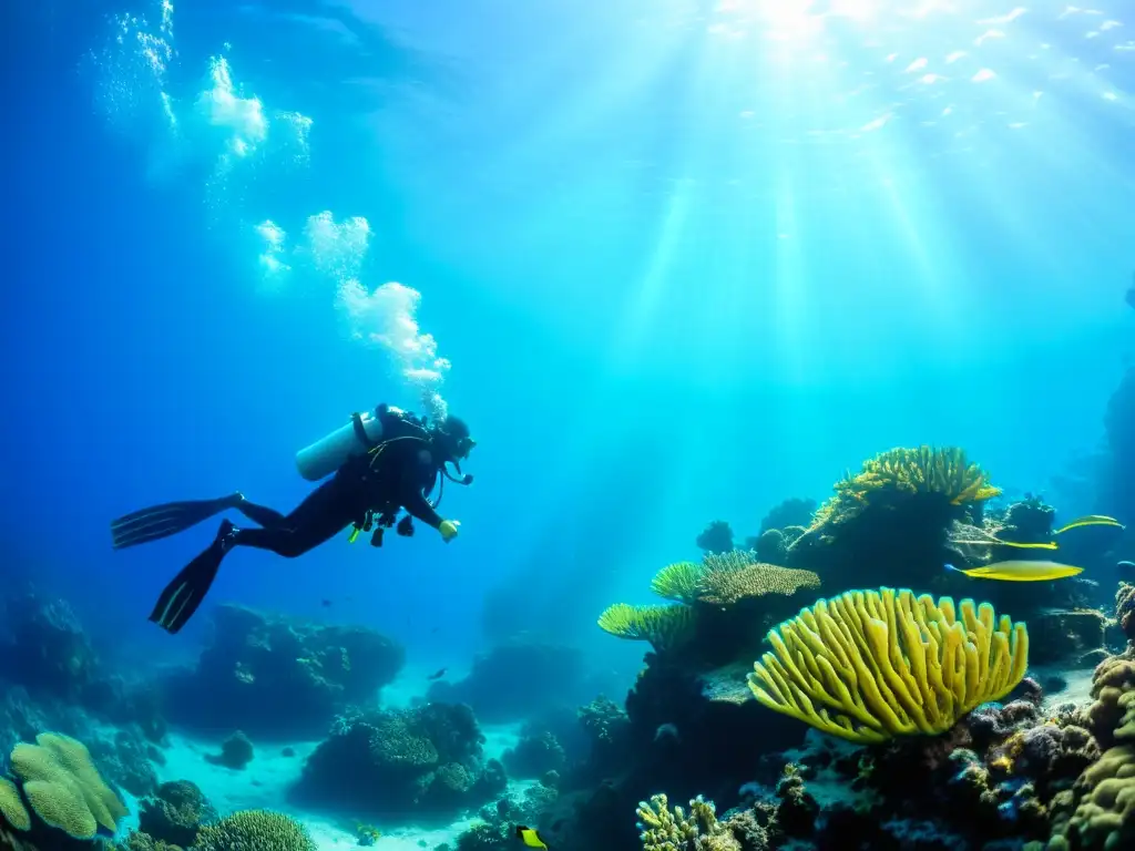 Un grupo de buceadores explora un vibrante arrecife de coral marino, con vida submarina colorida y aguas cristalinas