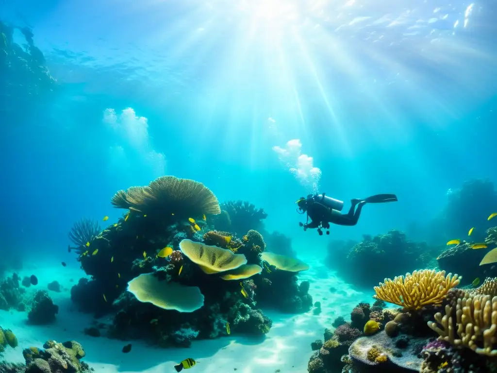 Un grupo de buceadores explora un vibrante arrecife de coral bajo el agua, evocando aventura y belleza