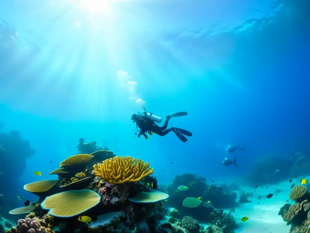 Un grupo de buceadores explora un vibrante arrecife de coral, rodeado de vida marina colorida