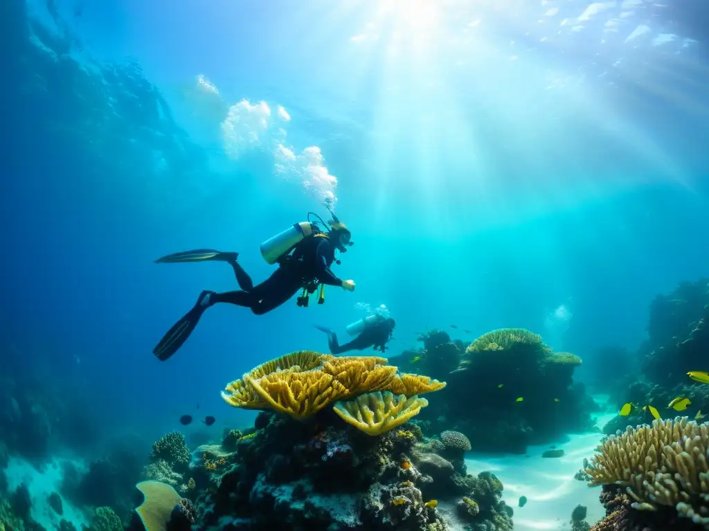 Un grupo de buceadores explora un vibrante arrecife de coral, mostrando la armonía entre la aptitud física y la belleza natural del océano