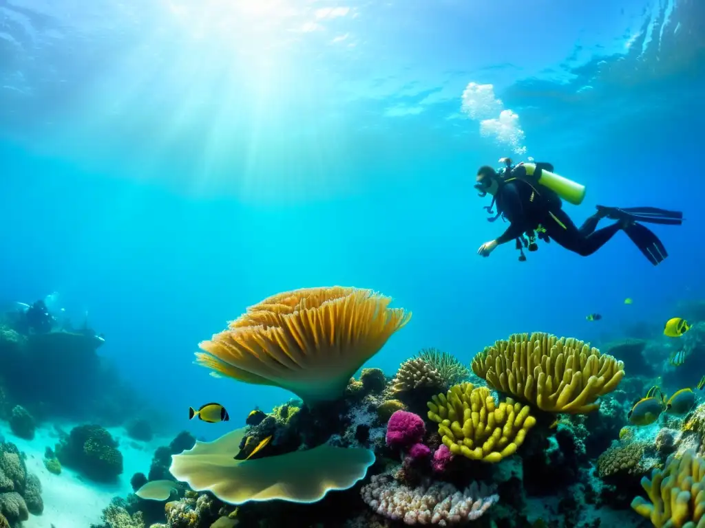 Un grupo de buceadores explorando un vibrante arrecife de coral, rodeados de peces tropicales, tortugas marinas y anémonas marinas