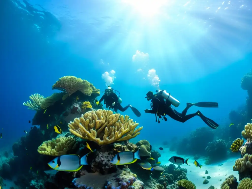 Un grupo de buceadores explorando un vibrante arrecife de coral bajo el agua