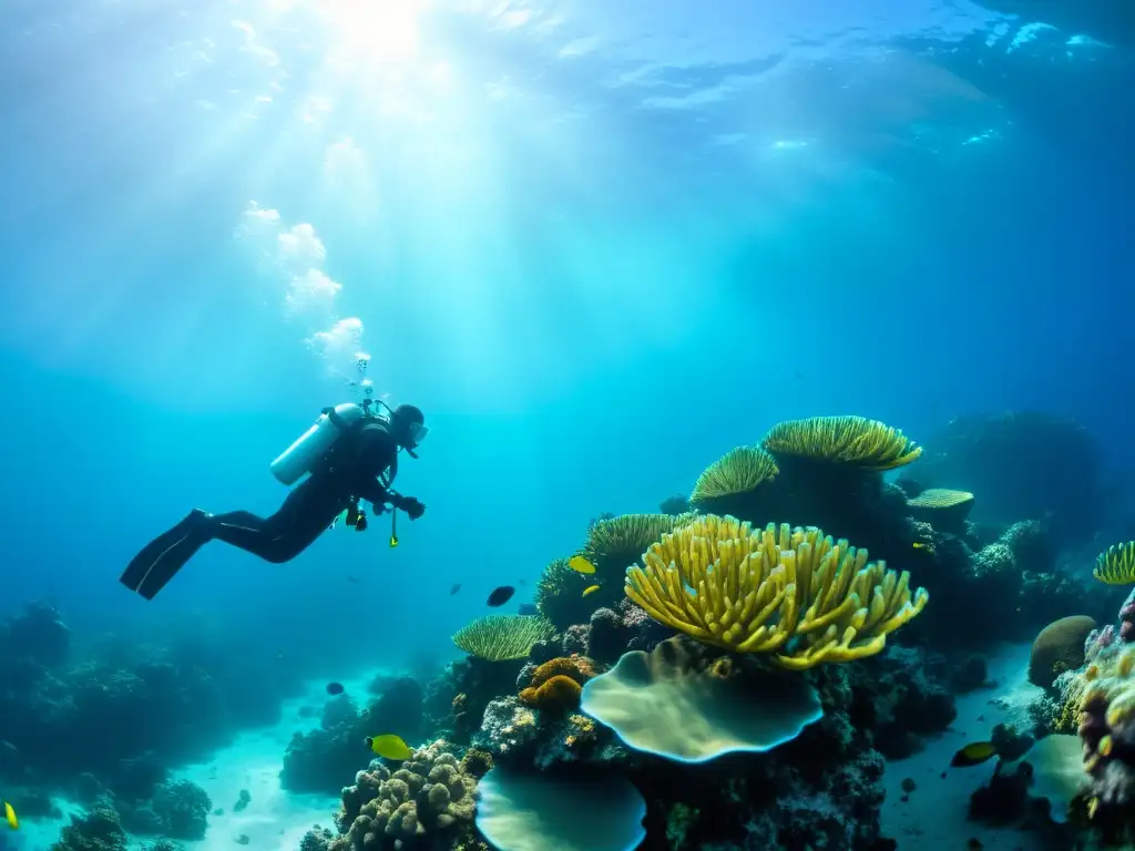 Exploración serena: Buceo en arrecife de coral Grupo de buceadores explorando un vibrante arrecife de coral, con mejoras en reguladores de buceo para inmersiones emocionantes