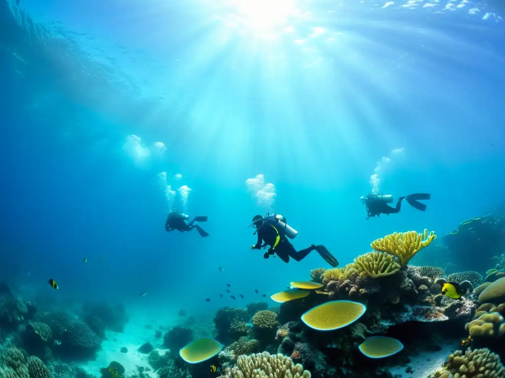 Grupo de buceadores explorando un vibrante arrecife de coral, equipados con dispositivos para mejorar seguridad buceo