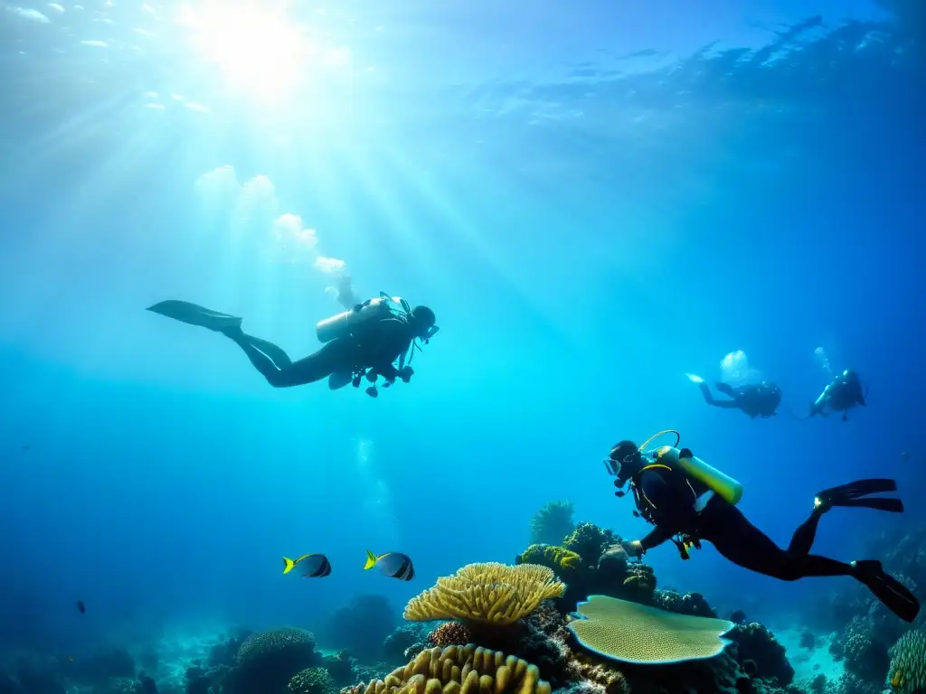 Un grupo de buceadores disfruta de un vibrante arrecife de coral, rodeado de vida marina