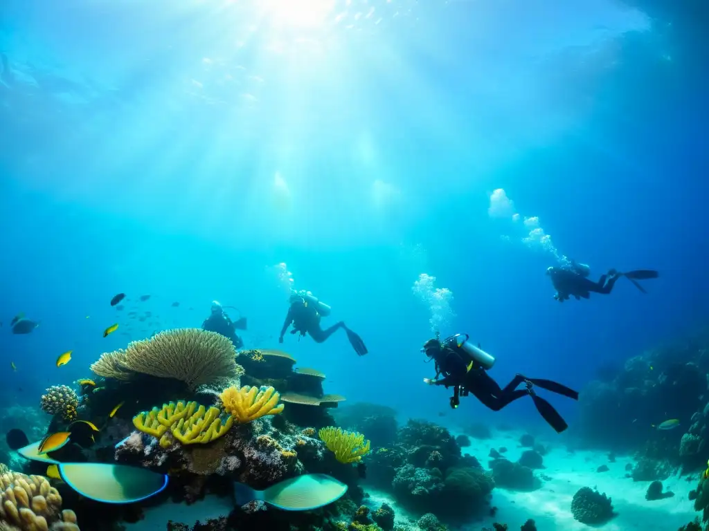 Un grupo de buceadores explora un vibrante arrecife de coral bajo el agua, rodeados de vida marina colorida