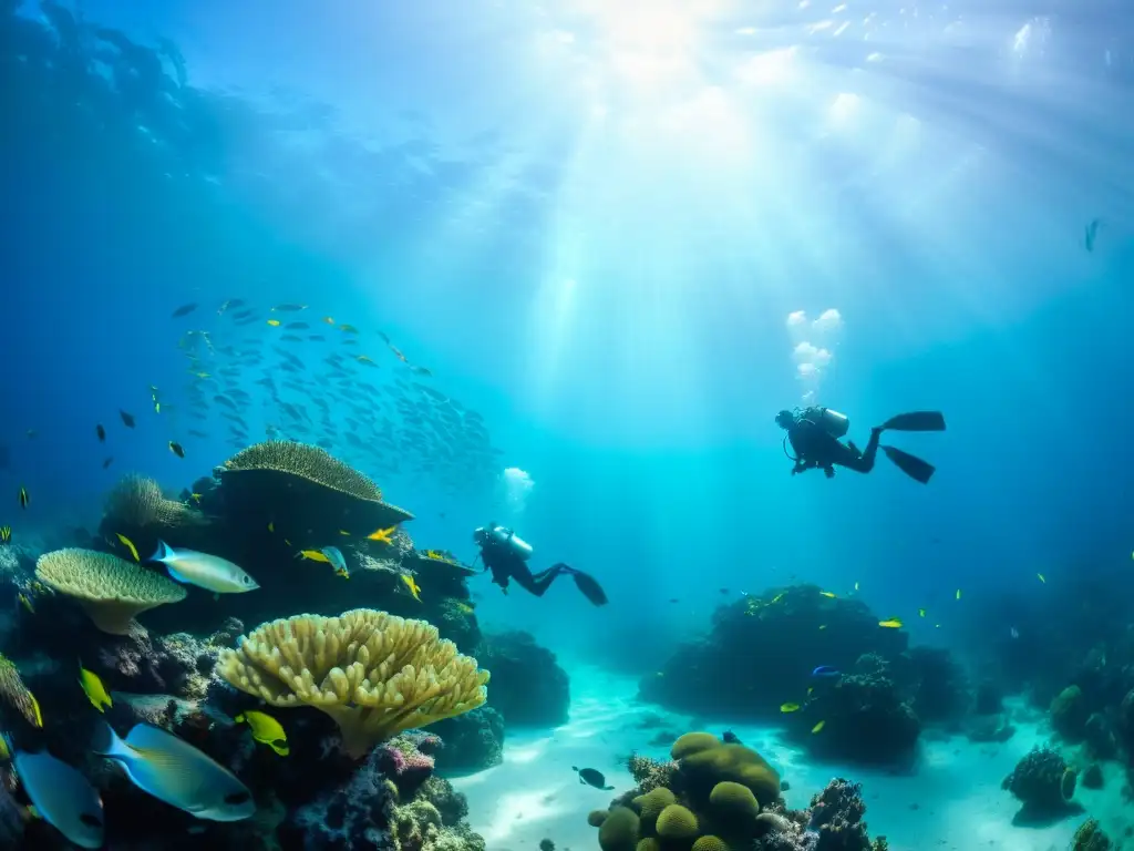 Grupo de buceadores explorando un vibrante arrecife de coral, rodeados de peces y criaturas marinas