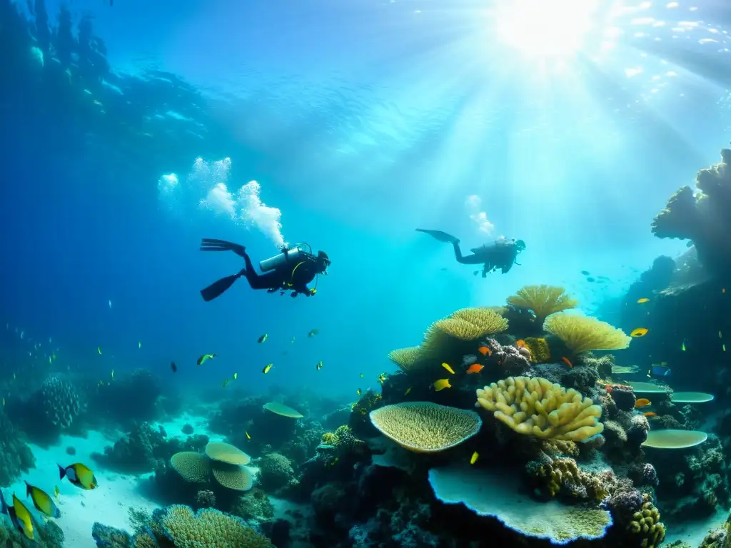 Un grupo de buceadores explora un vibrante arrecife de coral, rodeados de vida marina colorida