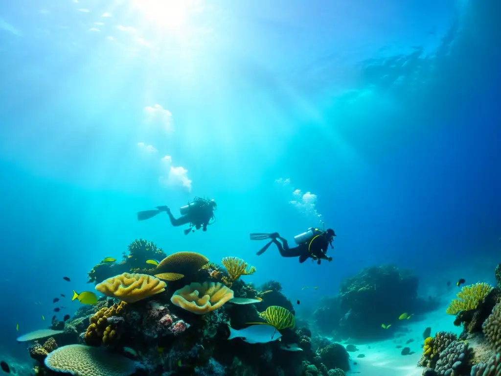 Un grupo de buceadores explora un vibrante arrecife de coral, destacando la importancia de los dispositivos para mejorar la seguridad en el buceo