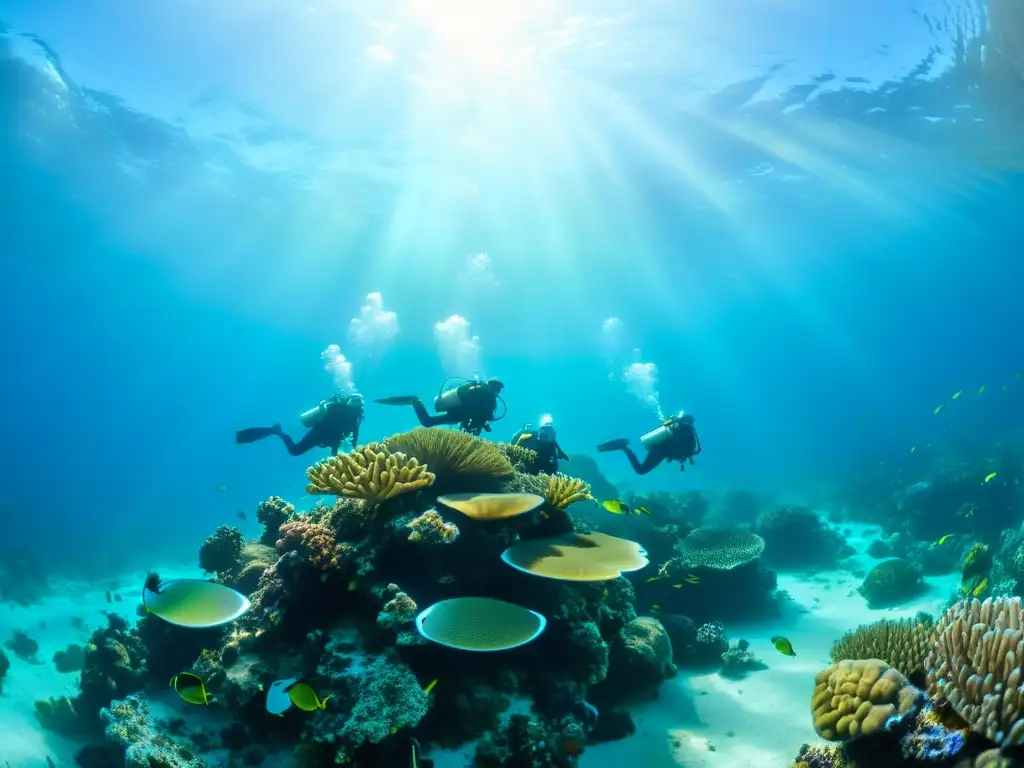 Un grupo de buceadores explora un vibrante arrecife de coral, rodeados de vida marina