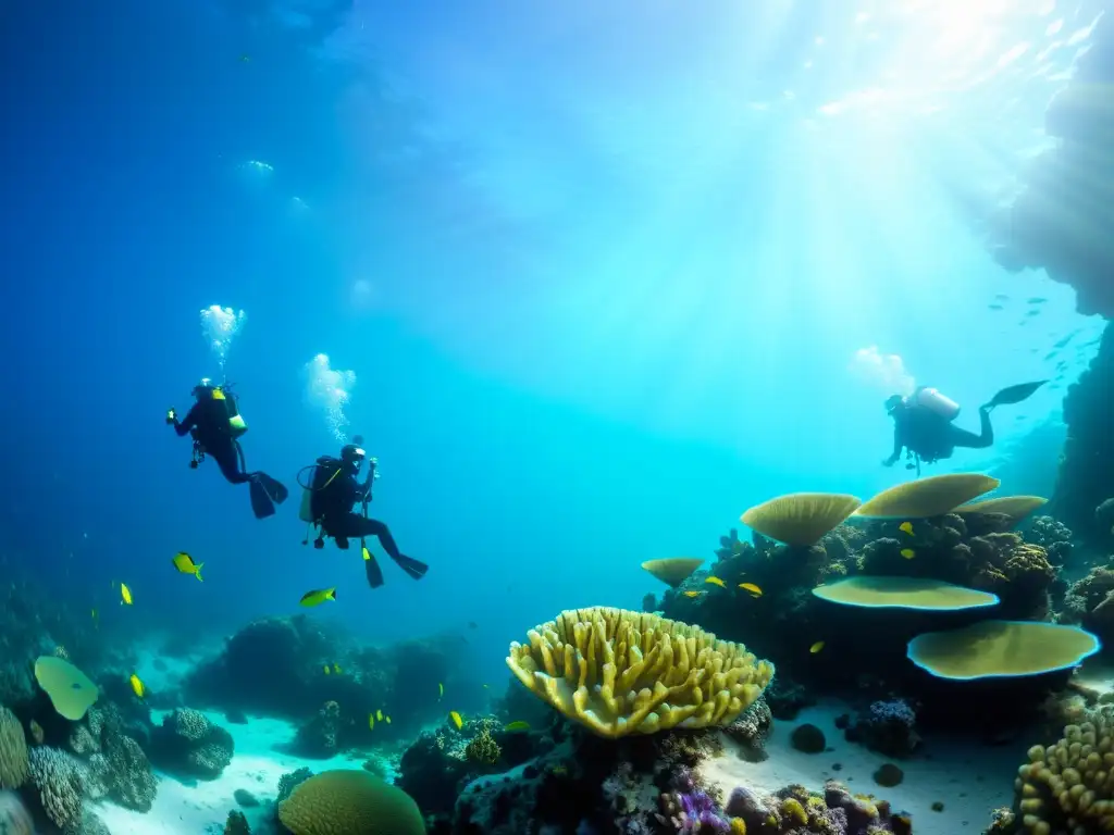 Grupo de buceadores explorando un vibrante arrecife de coral, iluminados por los rayos de sol