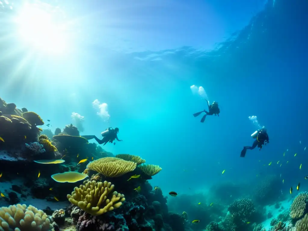 Un grupo de buceadores explora un vibrante arrecife de coral con peces coloridos