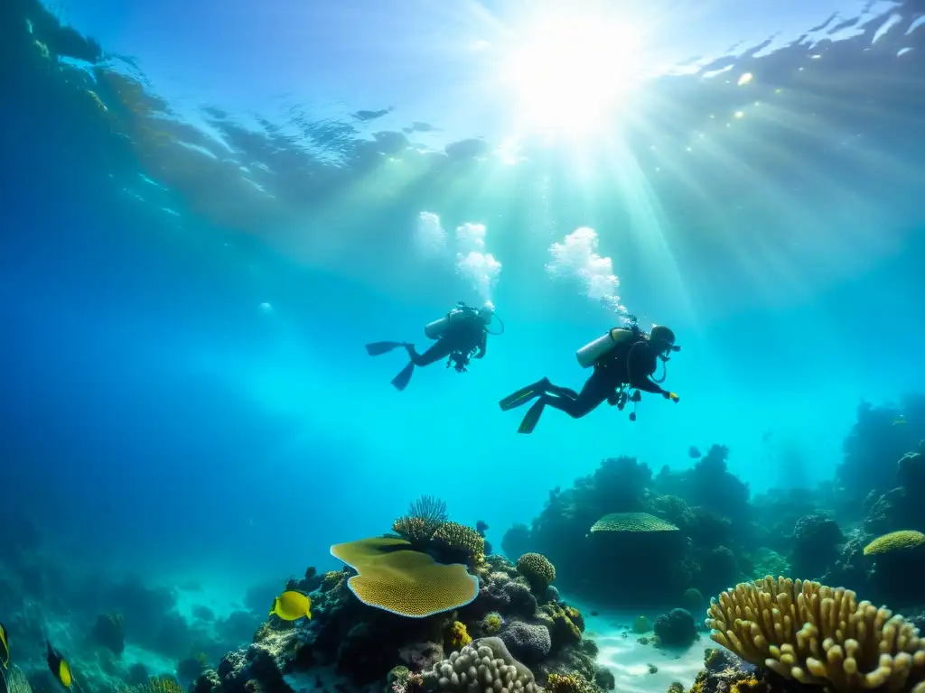 Grupo de buceadores explorando un vibrante arrecife de coral, con luz solar creando un juego de luces y sombras