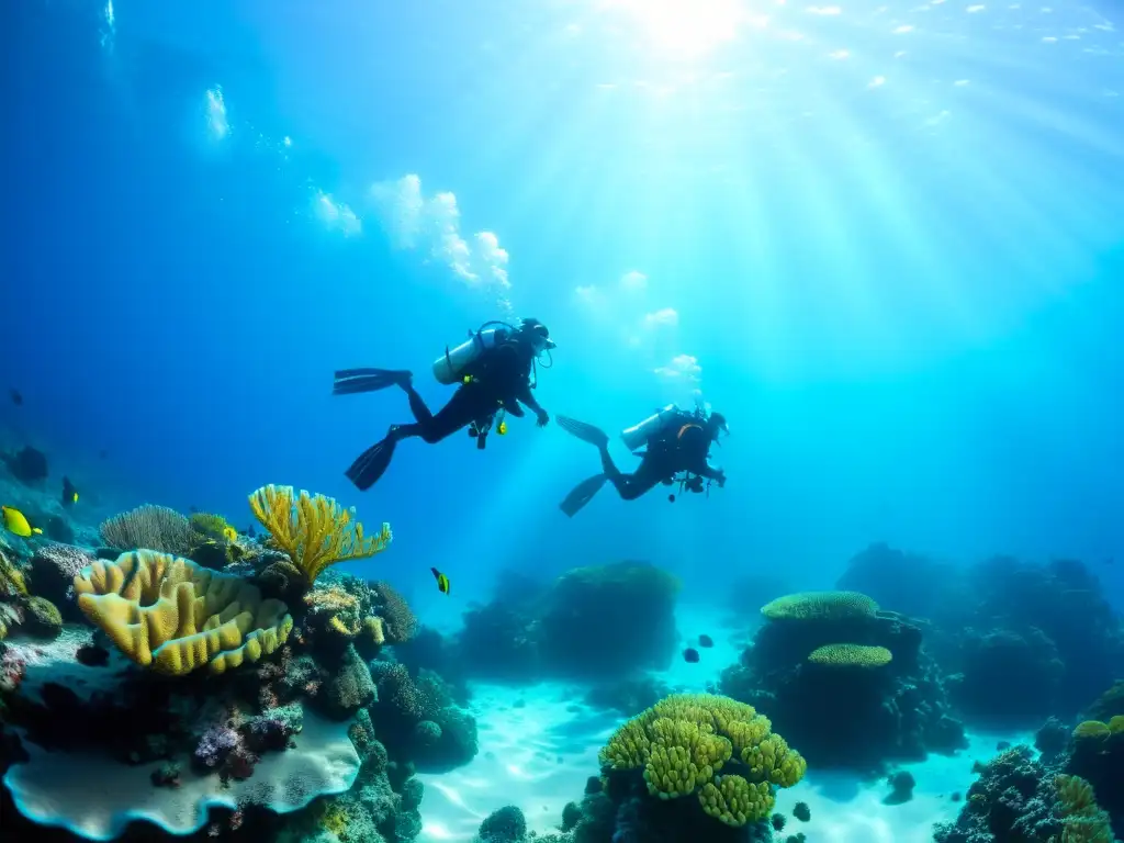 Un grupo de buceadores explora un vibrante arrecife de coral, con la luz solar filtrándose a través del agua, creando un juego hipnotizante de luces y sombras en el fondo del océano